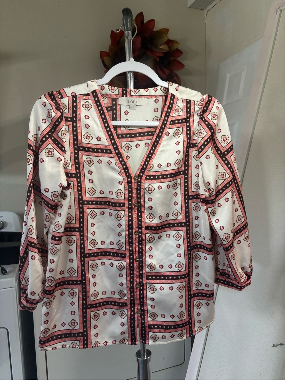 LOFT Cream Button-Front Printed Blouse with Pink & Black Motif